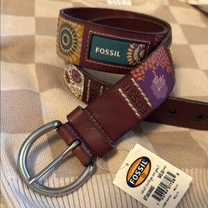 NWT Fossil Brown Leather Belt with Multicolor Design size small 37”